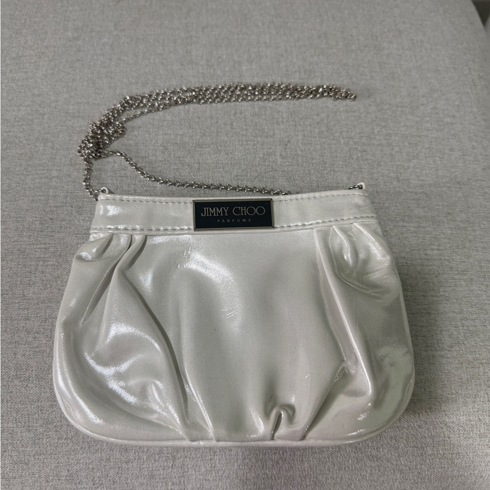 Jimmy Choo White Satin Clutch with Silver Chain